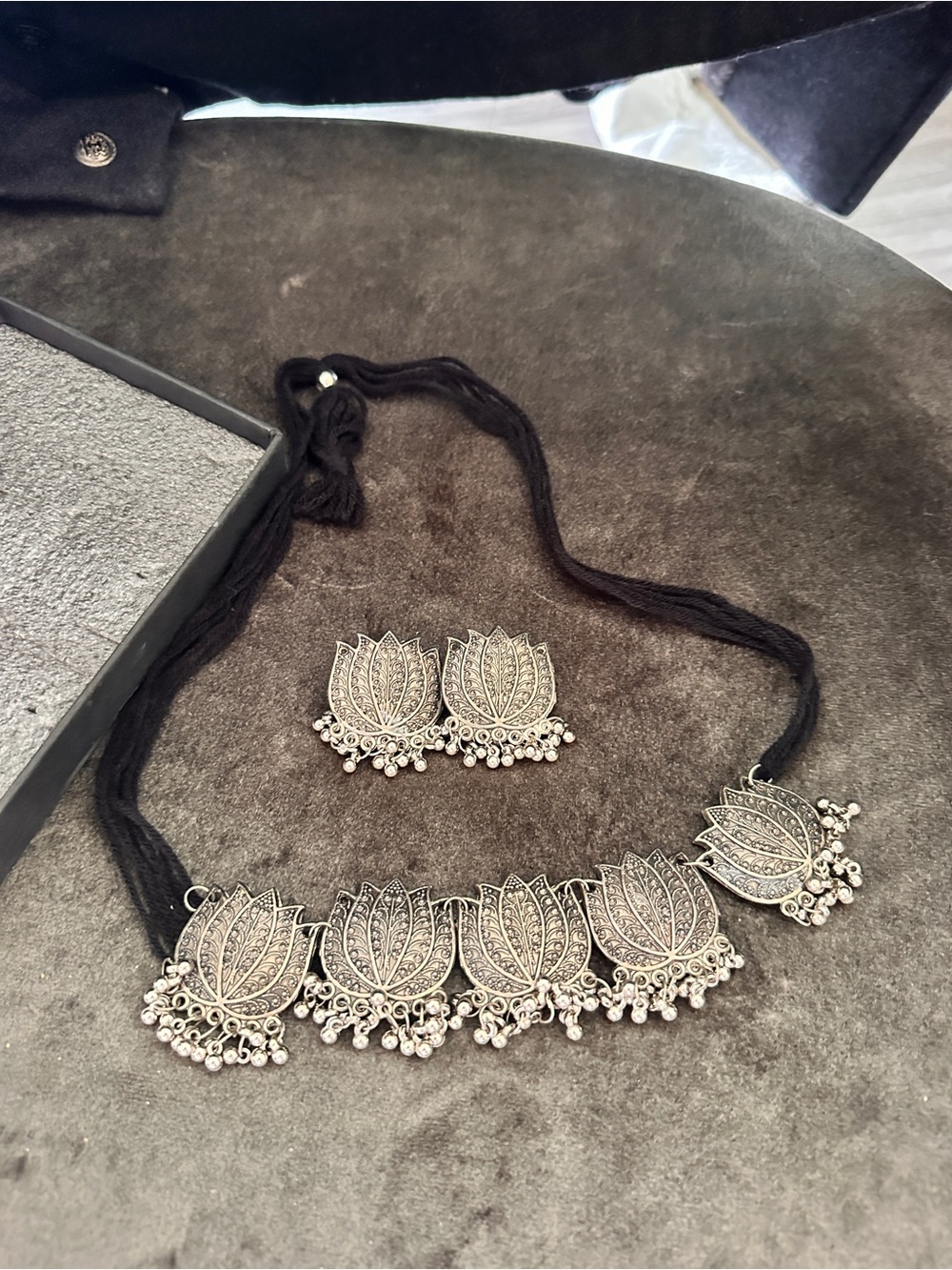 Silver Lotus Pendant Necklace & Earrings Set - Women Jewelry